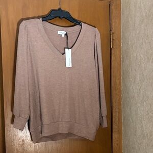 NWT Womens L Michael Stars V-Neck Gabriella Heather Woodchip Tan Sweater Top